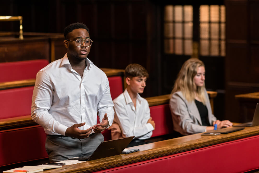 Students participating in a moot legal trial, testing out law careers.