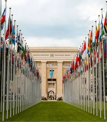 Photo of the United Nations building with rows of flags from different countries