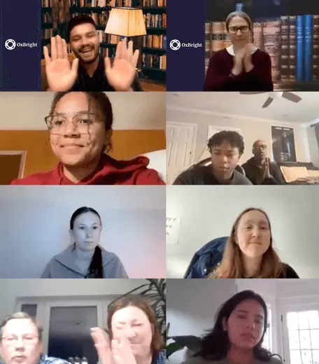 Screenshot of participants in a zoom call, as part of an OxBright online internship