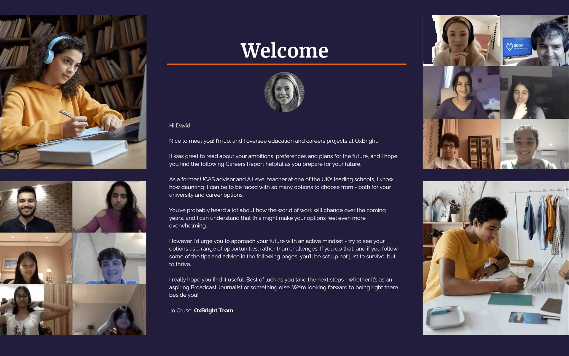 Welcome page of the OxBright Career Report
