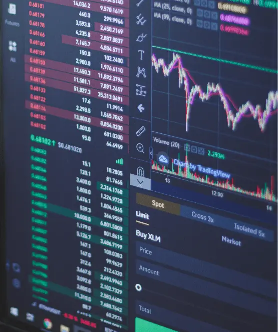 Screen showing tables, charts, and graphs with stock market information