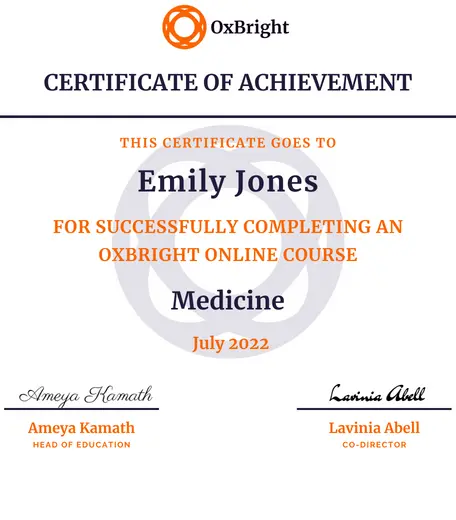 Sample OxBright certificate of achievement