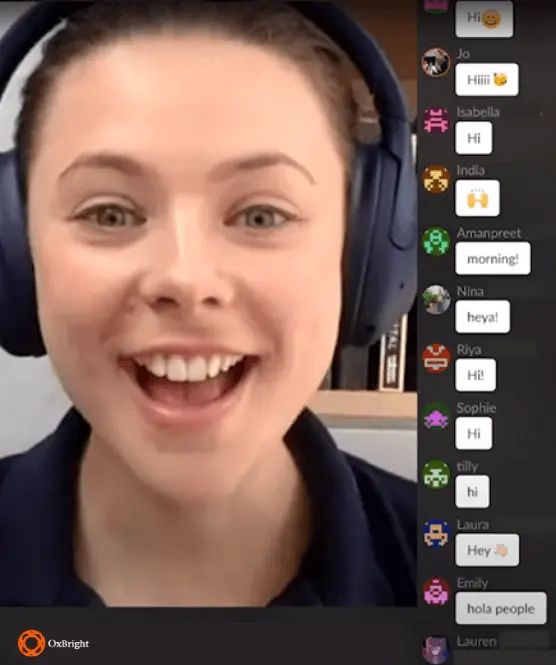 screenshot of an OxBright conference session with positive messages in the chat