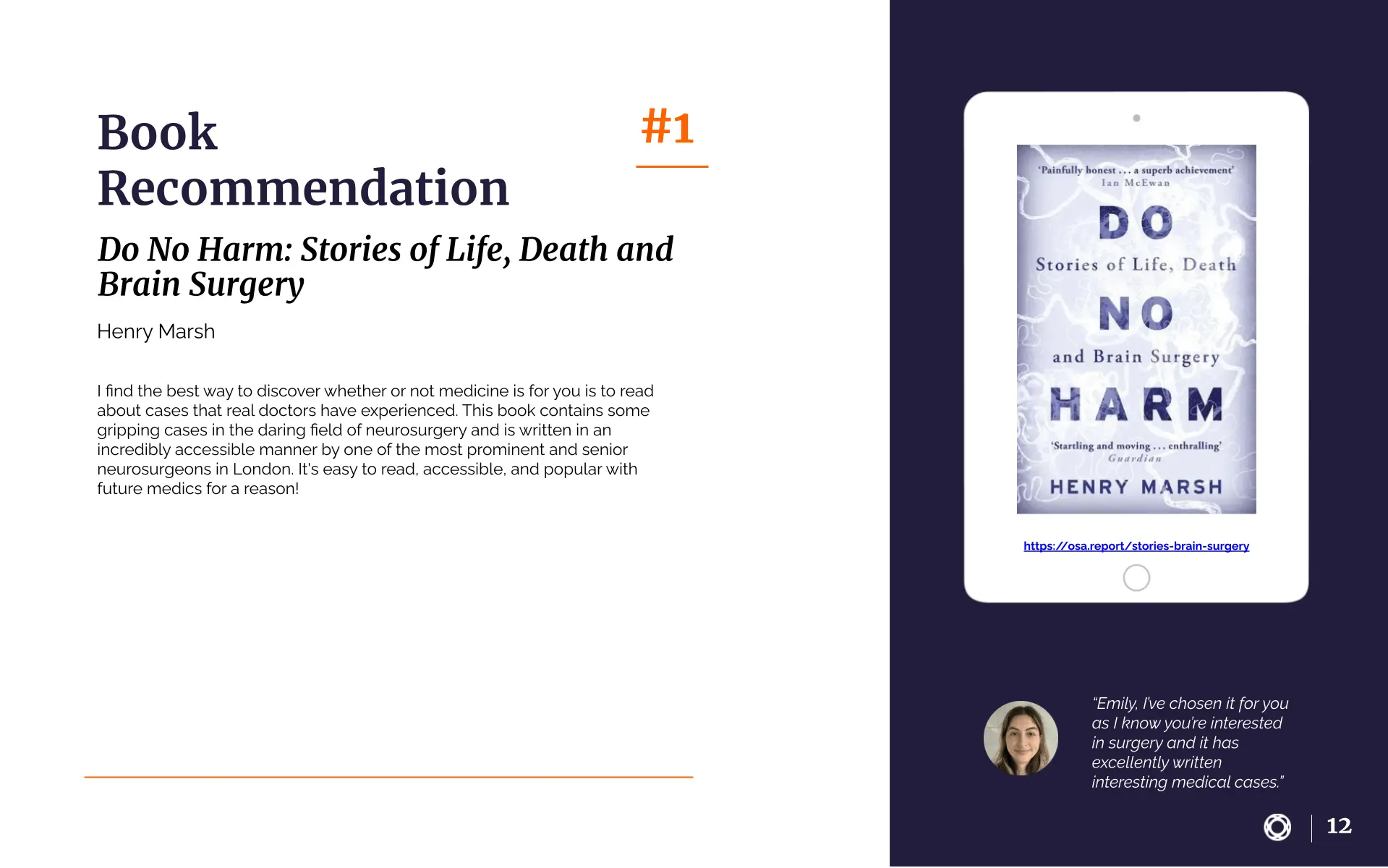 Example Book Recommendation page in the OxBright University Preparation Report, recommending the book 'Do No Harm'