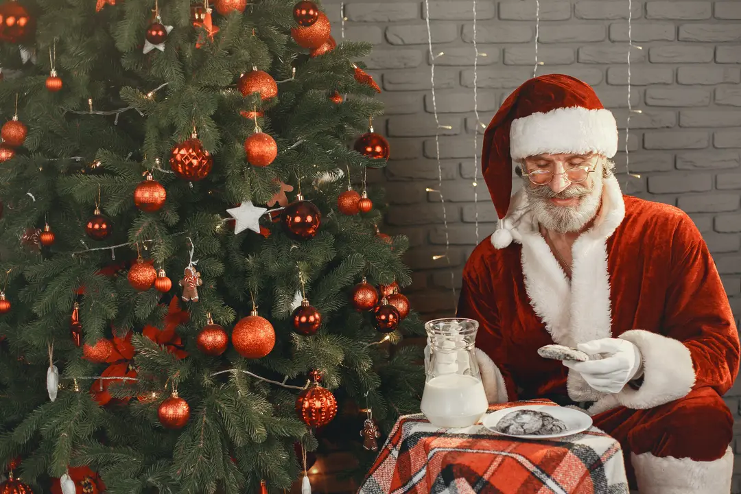 Father Christmas sitting next to a Christmas tree, with cookies and milk